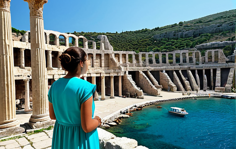 A person in modest, appropriate attire suitable for exploring historical sites, stands thoughtfully amidst ancient Roman and Greek ruins on the Turkish coast. Majestic columns and an ancient amphitheater are visible, with crystal-clear turquoise Mediterranean waters in the background under a bright, sunny sky. The atmosphere is serene and historical. Safe for work, appropriate content, fully clothed, professional, perfect anatomy, correct proportions, natural pose, well-formed hands, proper finger count, natural body proportions, professional photography, high quality.