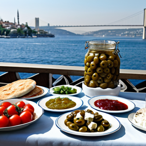 **

"A vibrant Turkish breakfast spread, fully clothed, appropriate content, safe for work. Focus on a table laden with small plates of olives, feta cheese, sliced tomatoes and cucumbers, honey, jam, and a freshly baked *simit*. In the background, a glimpse of the Bosphorus. Perfect anatomy, natural proportions, professional food photography, bright and inviting. Family-friendly, modest."

**