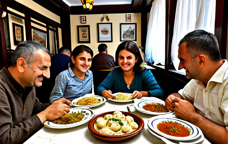 **
"A family-friendly scene in a traditional Turkish lokanta, safe for work. A group of people are enjoying a meal of manti, fully clothed, appropriate attire. The table is laden with small plates of meze. Background: a cozy, bustling local restaurant with traditional decor. Perfect anatomy, correct proportions, professional food photography, high quality, modest setting."
**