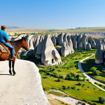 **Goreme National Park Landscape:** "Scenic view of Goreme National Park in Turkey, featuring unique rock formations and diverse birdlife, valley with wild horses. Daytime, sunny. Fully clothed tourists observing the landscape. Safe for work, appropriate content, family-friendly, perfect anatomy, natural proportions, professional photography, high quality."