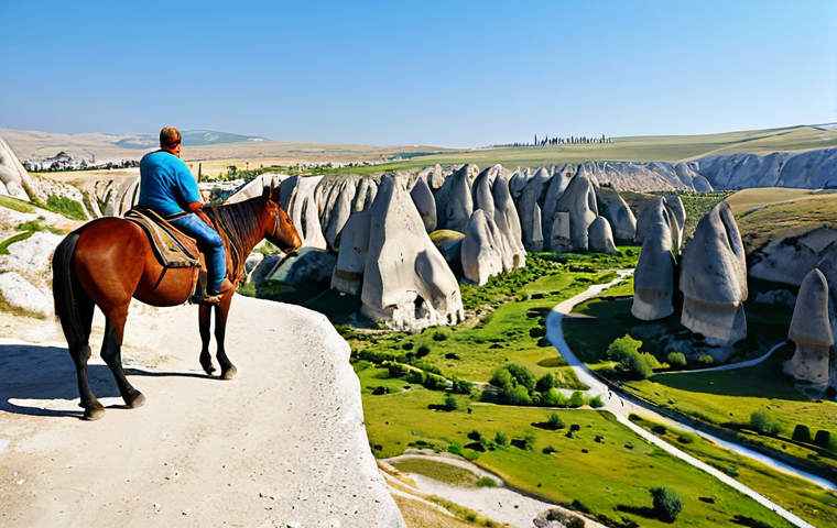 **Goreme National Park Landscape:** "Scenic view of Goreme National Park in Turkey, featuring unique rock formations and diverse birdlife, valley with wild horses. Daytime, sunny. Fully clothed tourists observing the landscape. Safe for work, appropriate content, family-friendly, perfect anatomy, natural proportions, professional photography, high quality."