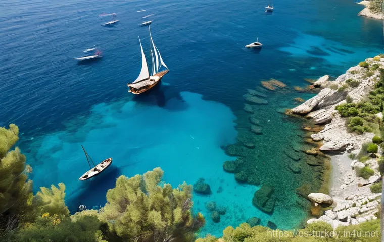 튀르키예의 항구와 해양 문화 - **Prompt:** A serene traditional Turkish gulet sailing gracefully on the shimmering, turquoise water...