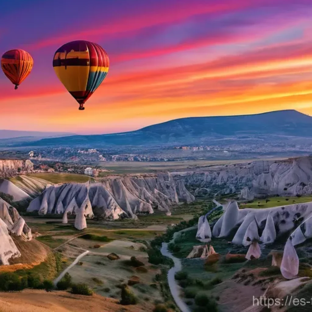 튀르키예의 아름다운 석양 명소 - "A breathtaking wide shot of Cappadocia at sunset. The sky is ablaze with fiery oranges, deep reds, ...