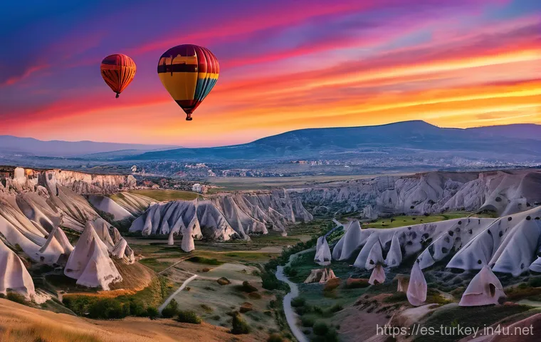 튀르키예의 아름다운 석양 명소 - "A breathtaking wide shot of Cappadocia at sunset. The sky is ablaze with fiery oranges, deep reds, ...