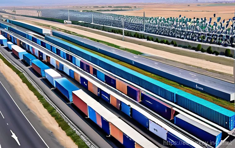 튀르키예 이란 국경 무역 이야기 - **Prompt 1: Bustling Cross-Border Trade Hub**
    "A vibrant, high-angle shot of a modern, efficient...