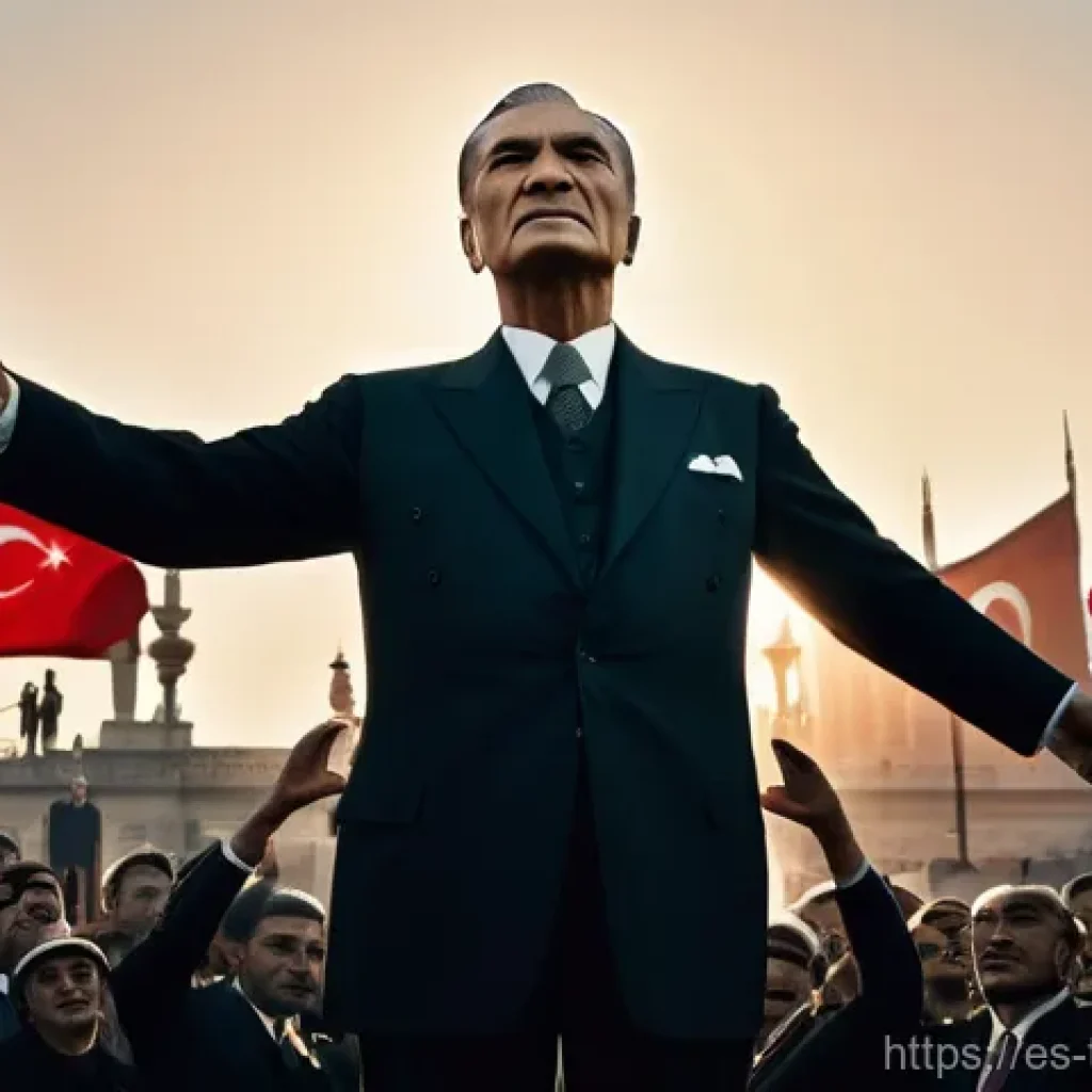 튀르키예 독립적 역사적 사건 - **Prompt for the Founding of the Republic:**
    "A majestic, wide-angle shot depicting Mustafa Kema...