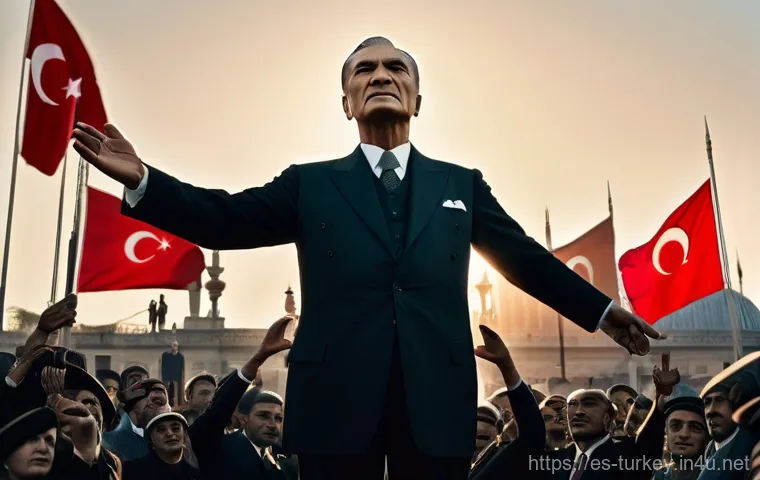 튀르키예 독립적 역사적 사건 - **Prompt for the Founding of the Republic:**
    "A majestic, wide-angle shot depicting Mustafa Kema...