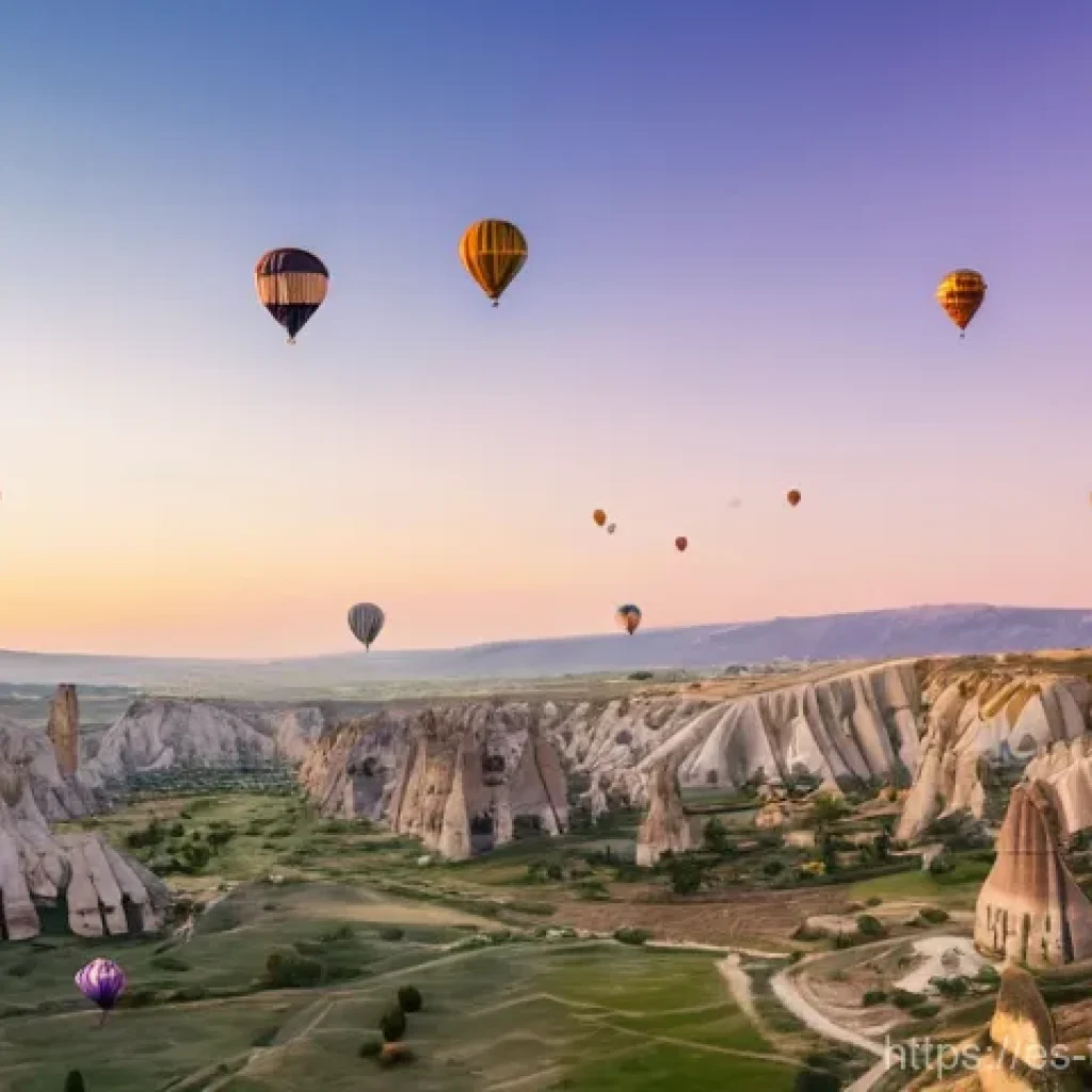 튀르키예의 독특한 자연 경관 - **Cappadocia Hot Air Balloons at Sunrise:**
    "A breathtaking wide shot of dozens of vibrant, colo...