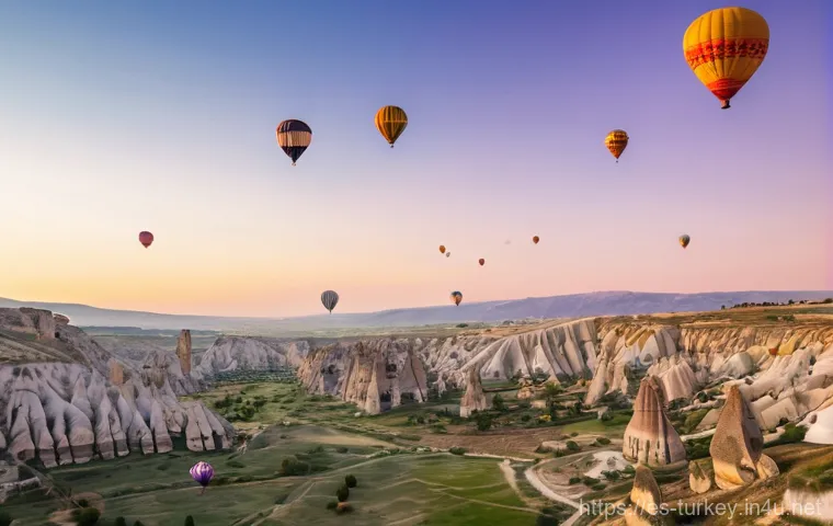 튀르키예의 독특한 자연 경관 - **Cappadocia Hot Air Balloons at Sunrise:**
"A breathtaking wide shot of dozens of vibrant, colo...