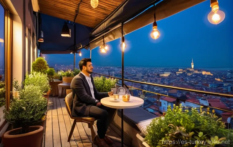 튀르키예 지역별 호텔 가격 비교 - A person, casually dressed in stylish yet comfortable travel attire, sips Turkish tea on a charming,...