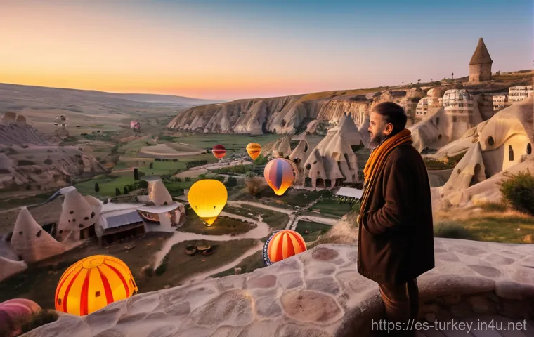 튀르키예 지역별 호텔 가격 비교 - A person, casually dressed in stylish yet comfortable travel attire, sips Turkish tea on a charming,...