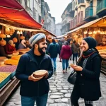 튀르키예에서의 단체 여행 가이드 - **A vibrant scene of a diverse group of friends, dressed in casual, comfortable travel attire, enthu...