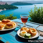 튀르키예 식문화와 예절 - **A vibrant and abundant Turkish breakfast spread laid out on a rustic wooden table with a scenic vi...