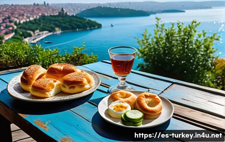 튀르키예 식문화와 예절 - **A vibrant and abundant Turkish breakfast spread laid out on a rustic wooden table with a scenic vi...