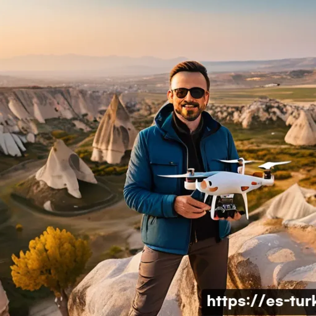 튀르키예에서의 드론 촬영 가이드 - A professional drone pilot wearing casual outdoor clothing and protective sunglasses, standing on a ...