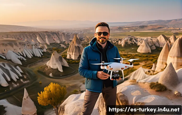 튀르키예에서의 드론 촬영 가이드 - A professional drone pilot wearing casual outdoor clothing and protective sunglasses, standing on a ...