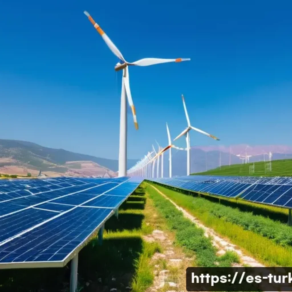 튀르키예의 현대화와 기술 혁신 - A vibrant solar and wind energy farm in Izmir, Turkey, featuring large solar panels glistening under...