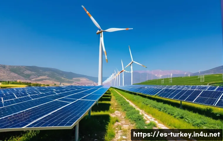 튀르키예의 현대화와 기술 혁신 - A vibrant solar and wind energy farm in Izmir, Turkey, featuring large solar panels glistening under...