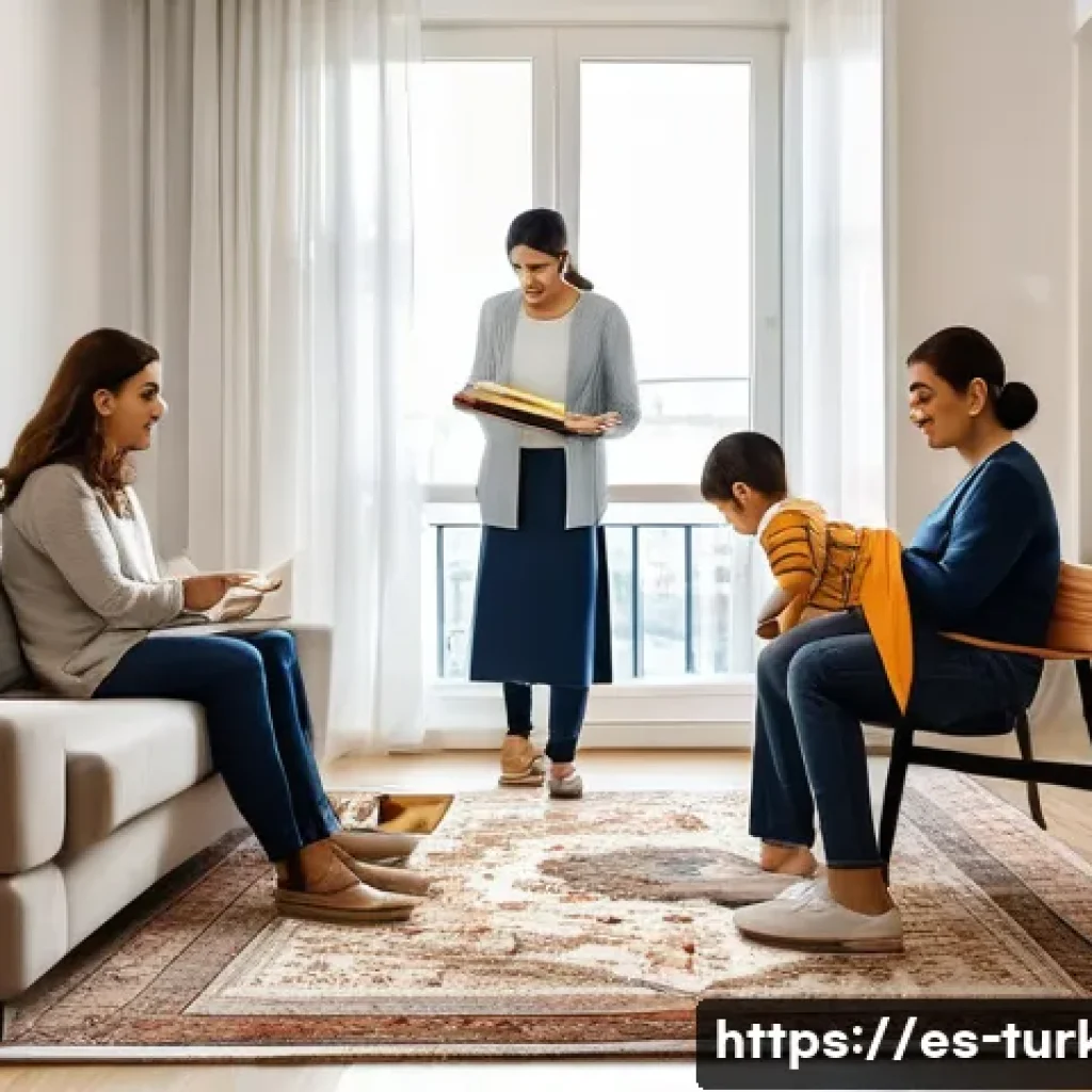 튀르키예의 사회적 변화와 도전 - A modern Turkish family scene in a spacious urban apartment in Istanbul, showing a mother and father...