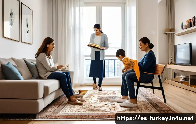 튀르키예의 사회적 변화와 도전 - A modern Turkish family scene in a spacious urban apartment in Istanbul, showing a mother and father...