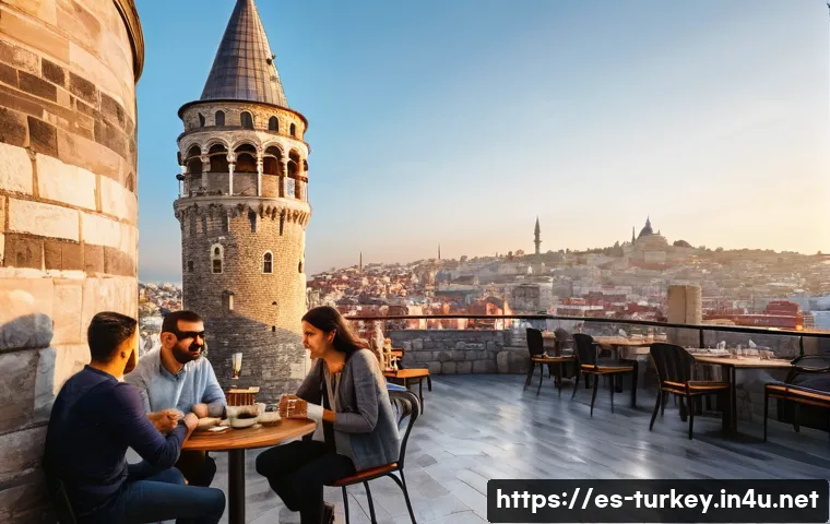 튀르키예 갈라타 타워 전망대 - A detailed, photorealistic image of the historic Galata Tower in Istanbul at golden hour, showcasing...