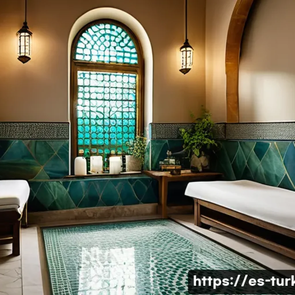 튀르키예로 떠나는 힐링 여행 - A serene traditional Turkish hammam interior scene, featuring warm marble surfaces with intricate Ot...