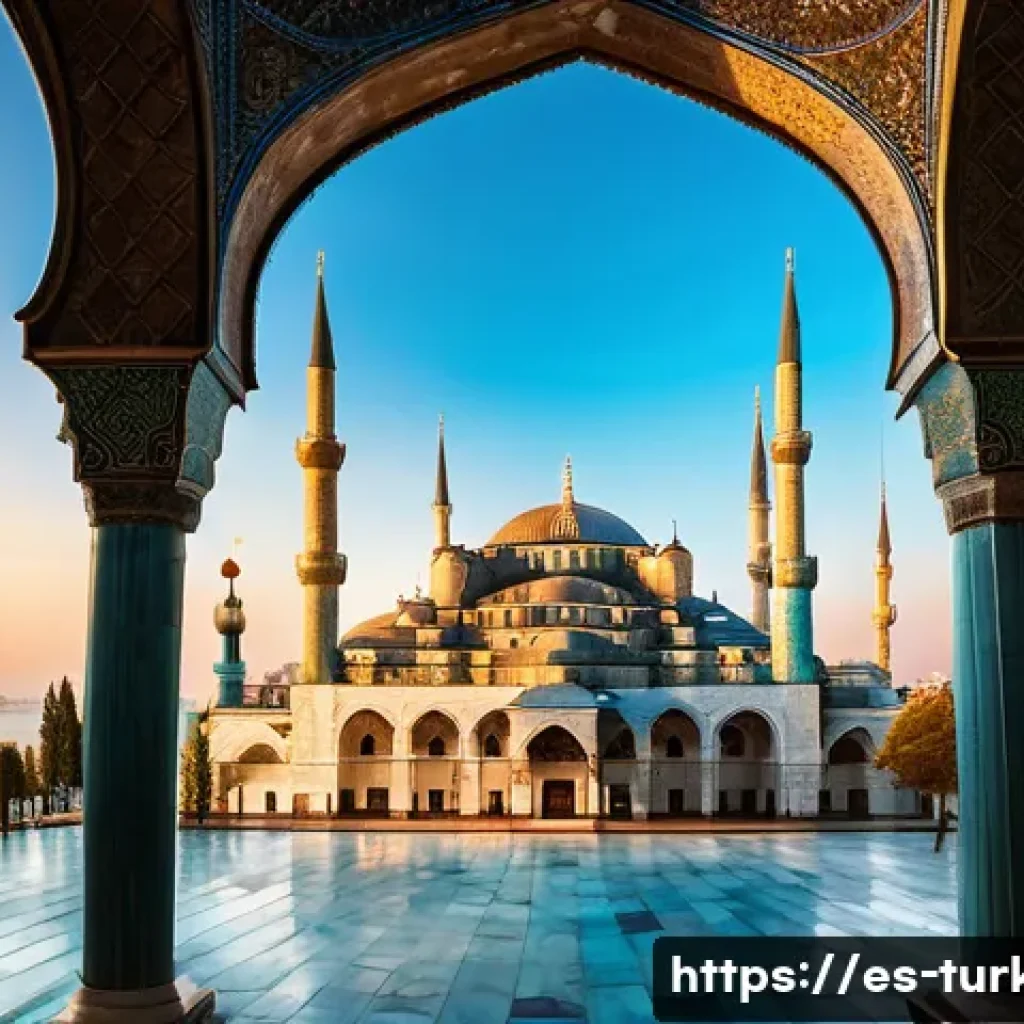 튀르키예 미술사 심층 분석 - A majestic view of the Blue Mosque in Istanbul during golden hour, showcasing its monumental Ottoman...