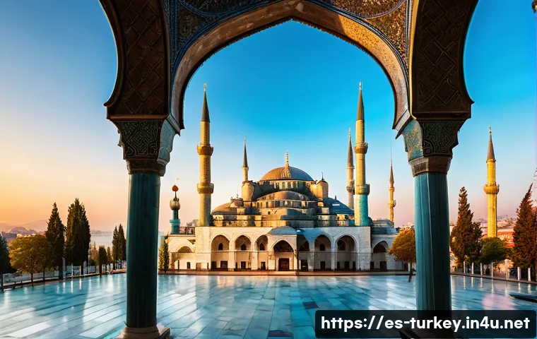 튀르키예 미술사 심층 분석 - A majestic view of the Blue Mosque in Istanbul during golden hour, showcasing its monumental Ottoman...