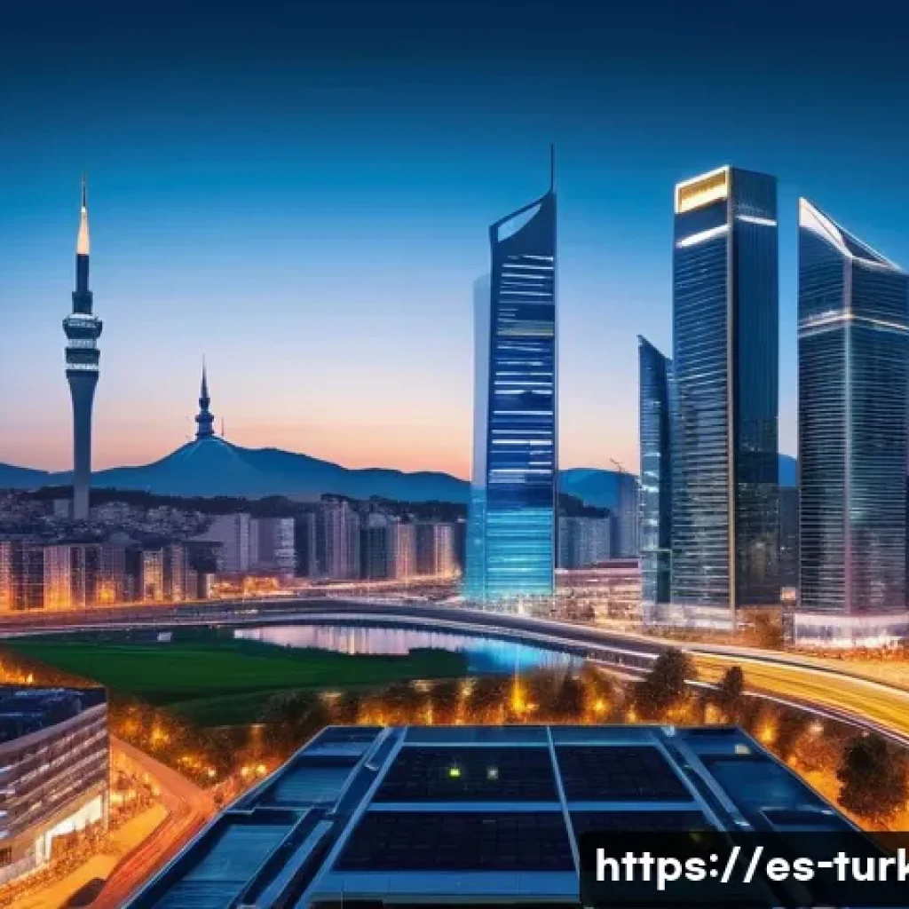 튀르키예 독특한 경제 관련 뉴스 - A modern Turkish cityscape at dusk showcasing a bustling financial district with high-rise buildings...