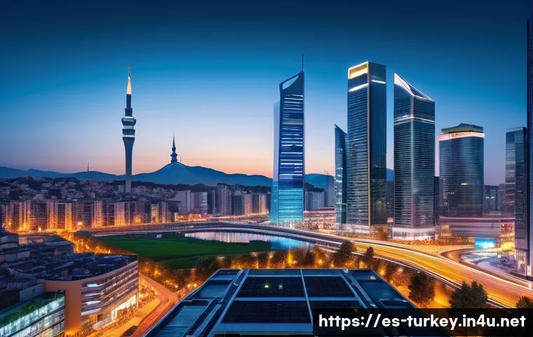 튀르키예 독특한 경제 관련 뉴스 - A modern Turkish cityscape at dusk showcasing a bustling financial district with high-rise buildings...