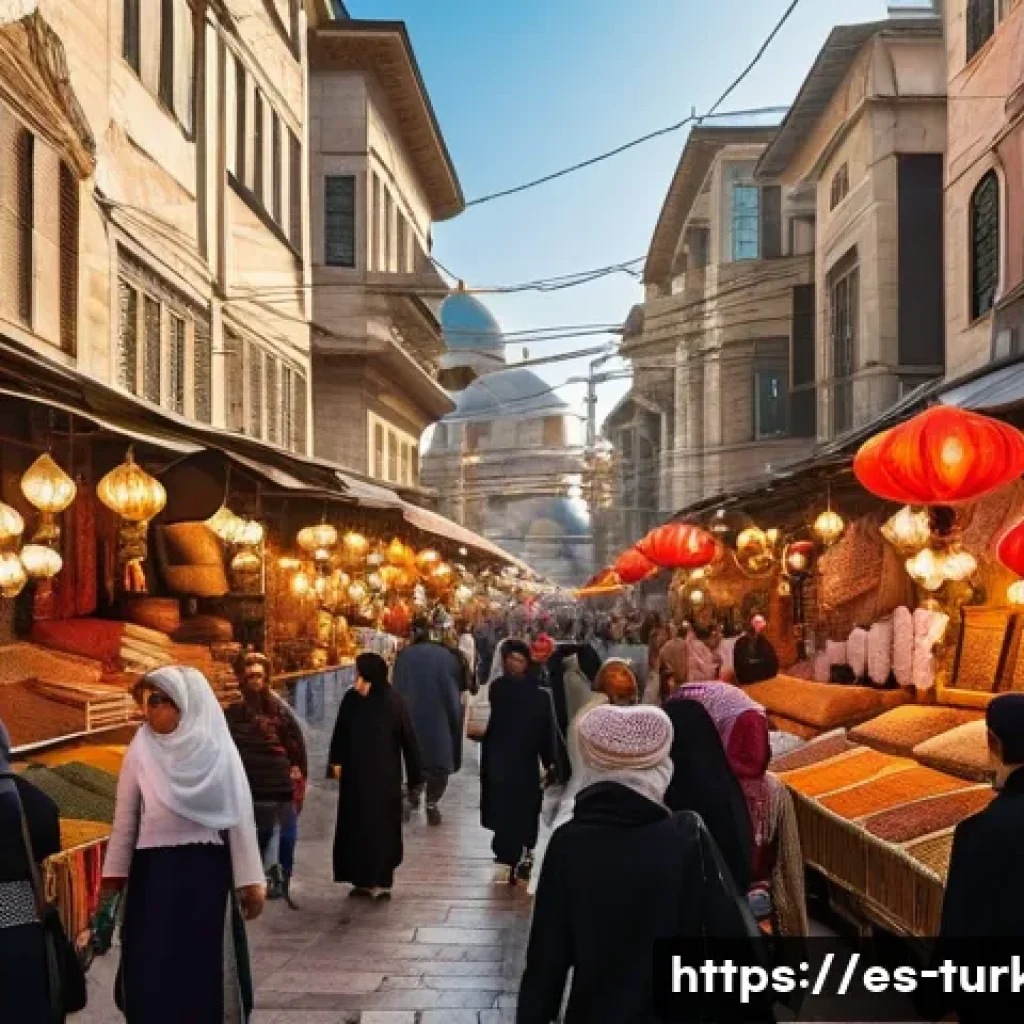 튀르키예 도시별 관광객 리뷰 비교 - A vibrant street scene in Istanbul showing a bustling historic bazaar filled with colorful spices, t...