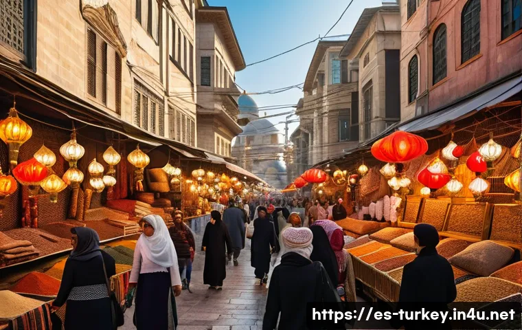 튀르키예 도시별 관광객 리뷰 비교 - A vibrant street scene in Istanbul showing a bustling historic bazaar filled with colorful spices, t...