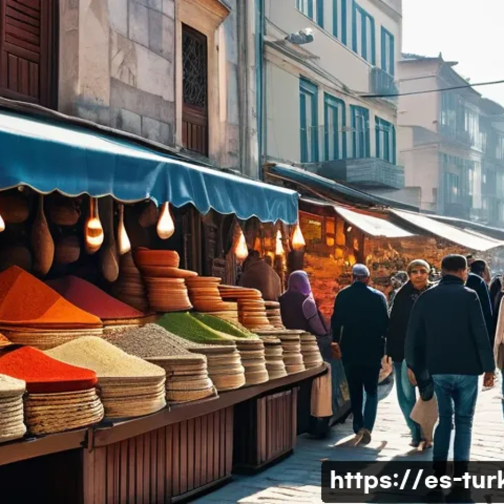 튀르키예 여행 후 피드백 작성법 - A vibrant and bustling Turkish bazaar scene in Istanbul at midday, colorful stalls overflowing with ...