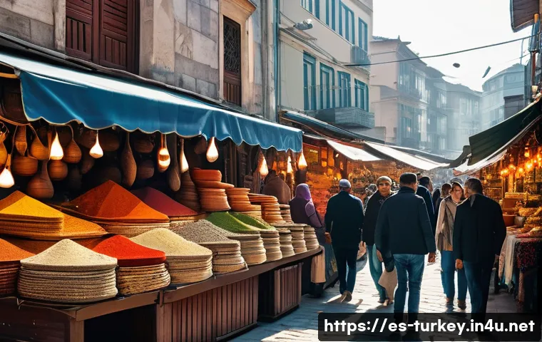 튀르키예 여행 후 피드백 작성법 - A vibrant and bustling Turkish bazaar scene in Istanbul at midday, colorful stalls overflowing with ...