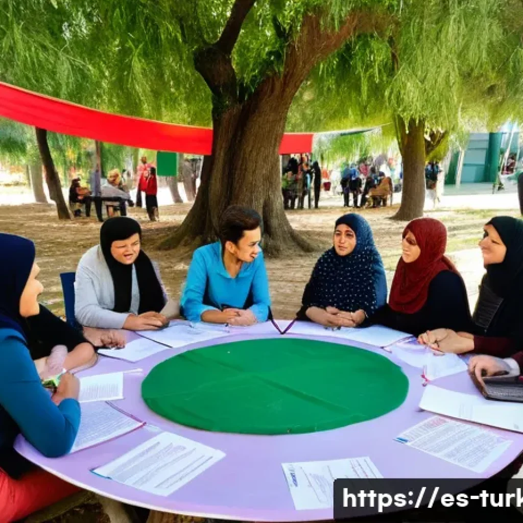 튀르키예에서의 시민단체 활동 - A vibrant community meeting in a Turkish neighborhood park during daylight, featuring diverse local ...