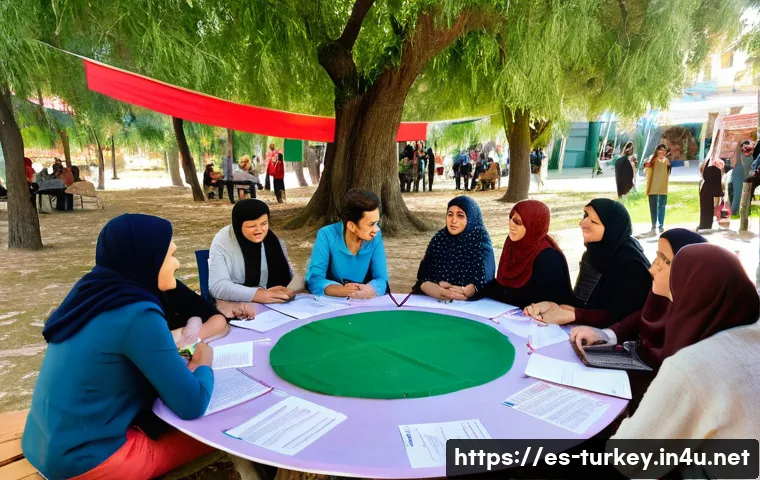 튀르키예에서의 시민단체 활동 - A vibrant community meeting in a Turkish neighborhood park during daylight, featuring diverse local ...