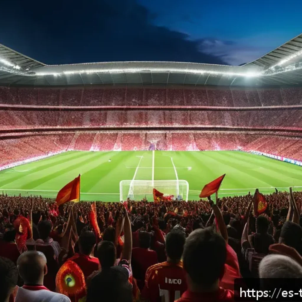 튀르키예 독특한 축구 문화 - A vibrant Turkish football stadium filled with passionate fans during a night match, waving colorful...