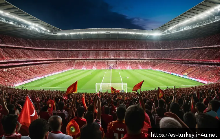튀르키예 독특한 축구 문화 - A vibrant Turkish football stadium filled with passionate fans during a night match, waving colorful...