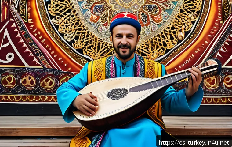 튀르키예 전통 음악과 춤 - A skilled Turkish musician playing the bağlama (traditional lute) on stage during a cultural festiva...