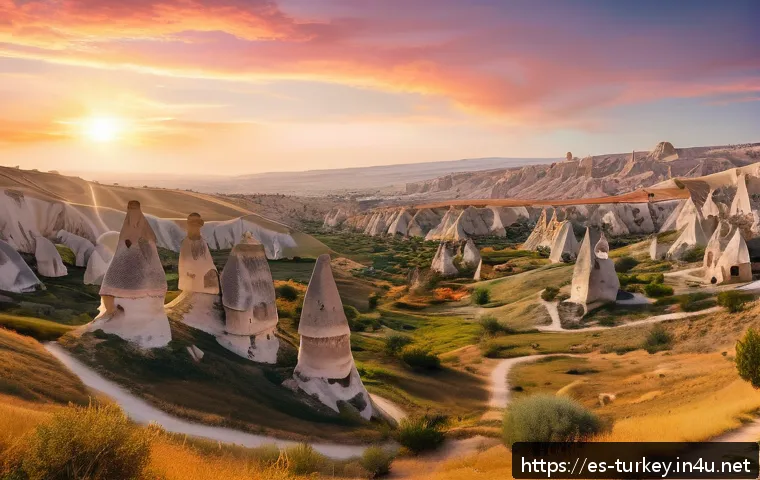 튀르키예의 주요 도보 관광지 - A breathtaking panoramic view of Cappadocia's surreal landscape at sunrise, featuring iconic fairy c...