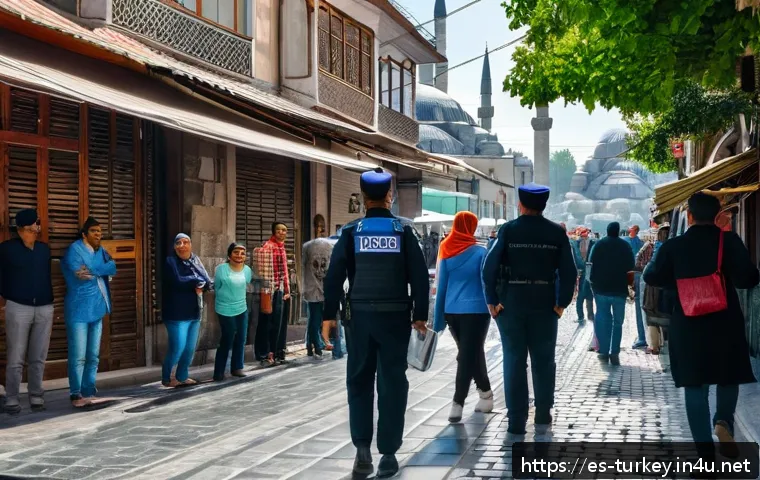 튀르키예 주요 관광지 안전 가이드 - A bustling street scene in Istanbul&rsquo;s Sultanahmet district during daylight, featuring tourists and l...