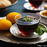 Home 20 튀르키예 음식과 음료의 조화 - A cozy Turkish tea setting featuring traditional small, curved tulip-shaped glasses filled with dark...