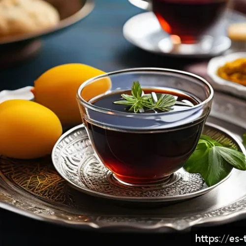 Home 32 튀르키예 음식과 음료의 조화 - A cozy Turkish tea setting featuring traditional small, curved tulip-shaped glasses filled with dark...