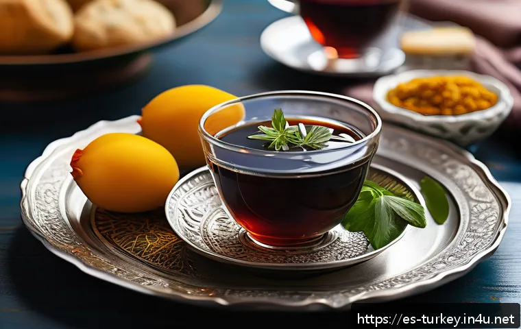 튀르키예 음식과 음료의 조화 - A cozy Turkish tea setting featuring traditional small, curved tulip-shaped glasses filled with dark...
