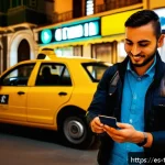 Home 19 튀르키예에서의 안전 여행 지침 - A detailed scene of a tourist in Istanbul using a smartphone app to safely order a certified taxi vi...