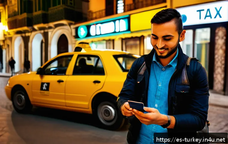 튀르키예에서의 안전 여행 지침 - A detailed scene of a tourist in Istanbul using a smartphone app to safely order a certified taxi vi...