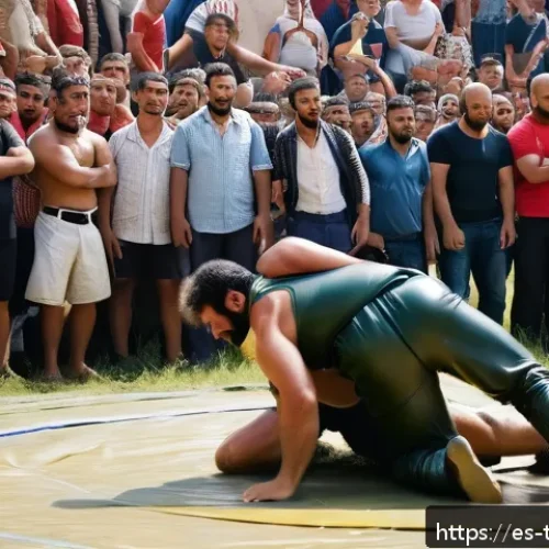 Home 30 튀르키예 전통 스포츠와 게임 - A dynamic scene of two adult male Turkish wrestlers engaged in Yağlı Güreş, the traditional oil wres...