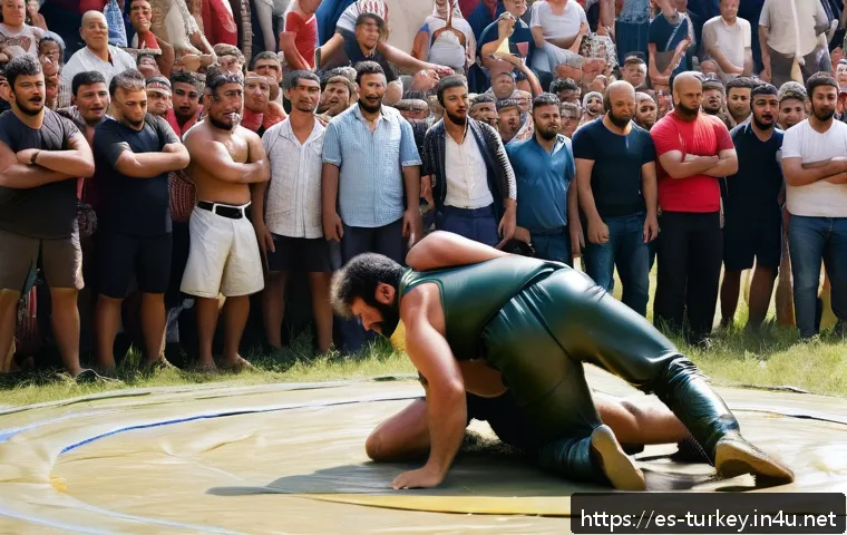 튀르키예 전통 스포츠와 게임 - A dynamic scene of two adult male Turkish wrestlers engaged in Yağlı G&uuml;reş, the traditional oil wres...