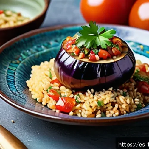 Home 17 튀르키예에서의 채식 여행 가이드 - A vibrant, rustic Turkish kitchen table featuring a traditional Imam Bayildi dish: a whole eggplant ...
