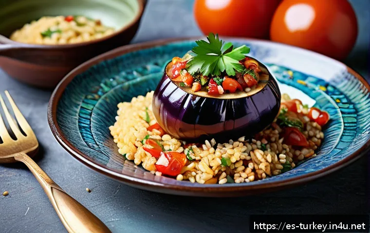 튀르키예에서의 채식 여행 가이드 - A vibrant, rustic Turkish kitchen table featuring a traditional Imam Bayildi dish: a whole eggplant ...